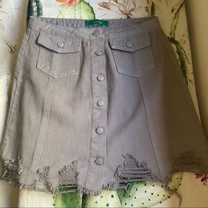 Light Purple/Gray Denim Distressed Button Up Skirt, Size Large fits Medium
